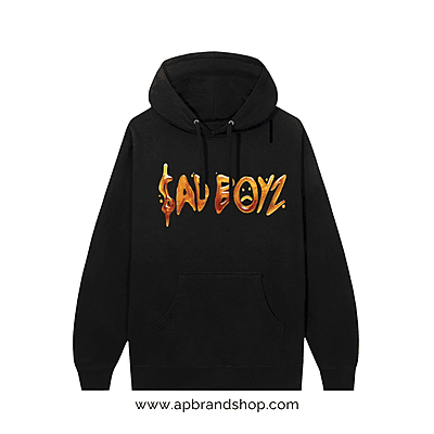 Hoodie Antisocial x SadBoyz negra con letras miel