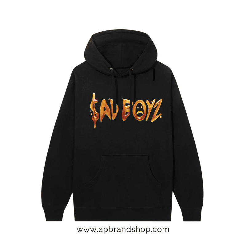 Hoodie Antisocial x SadBoyz negra con letras miel